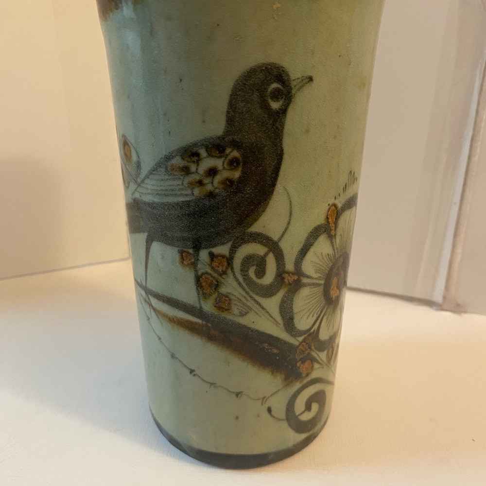 Decorative Mexican Tonala Green Bird Ceramic Cylinder Vase -Signed “M.R.R”